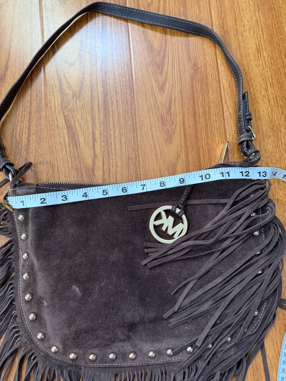 Michael Kors Dark Brown Suede Fringe Shoulder Bag with Logo Charm - Picture 3 of 7